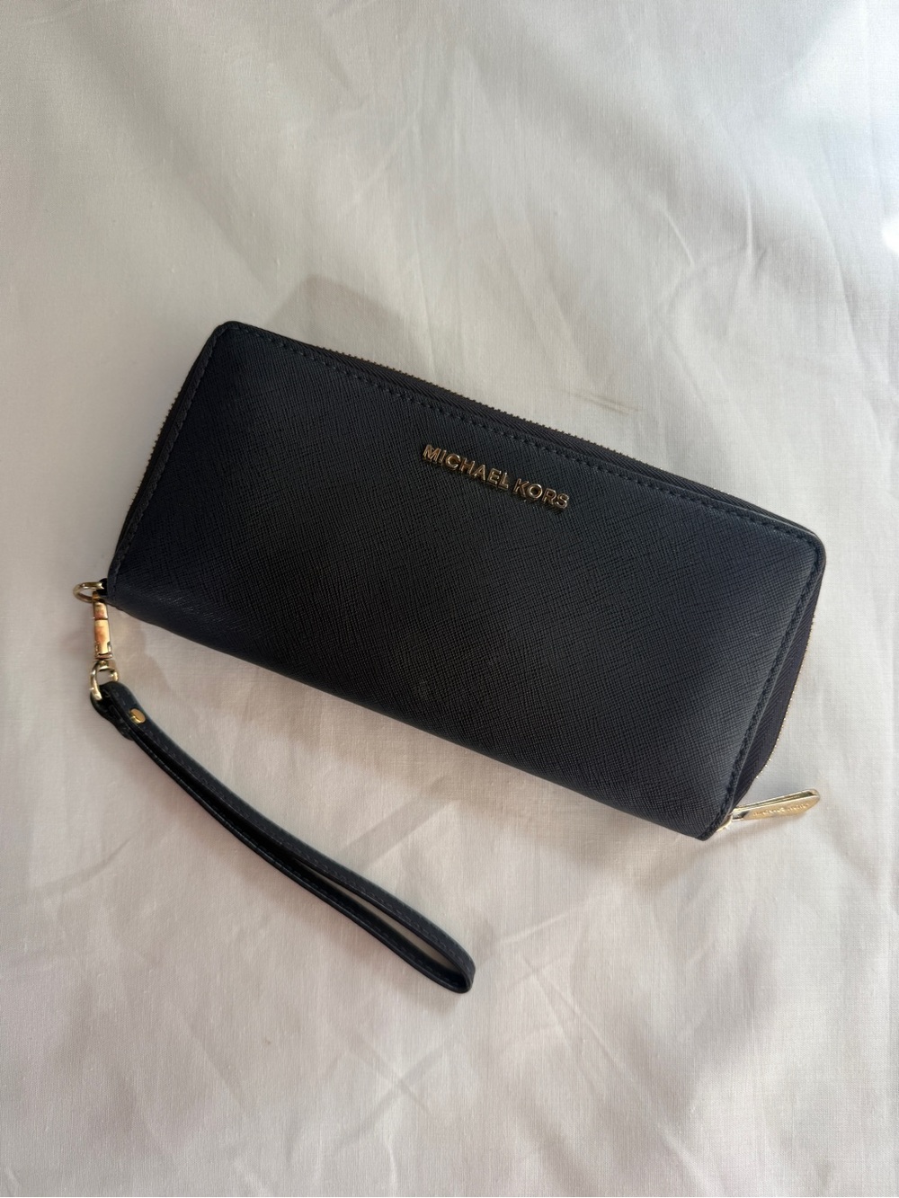 Michael Kors Navy Zip-Around Wristlet Wallet with Gold Logo